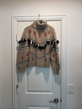 LOFT Beige Turtleneck Sweater with Red Diamond Motifs and Fringe